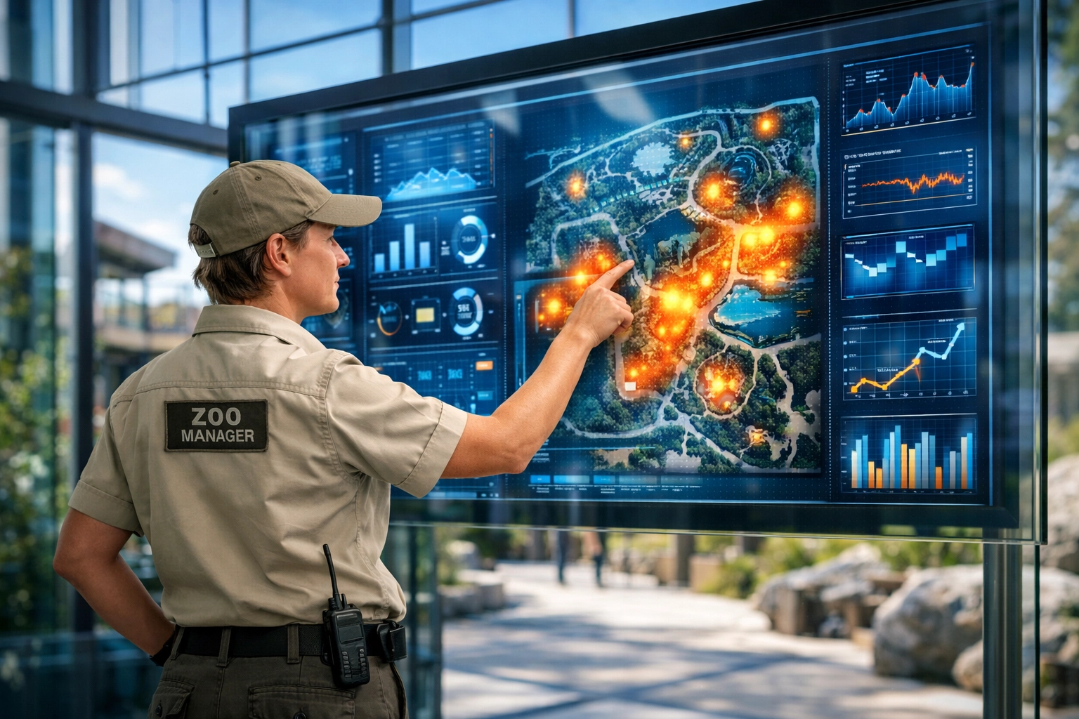 Zoo manager using a digital data management platform to monitor park operations and visitor flow.