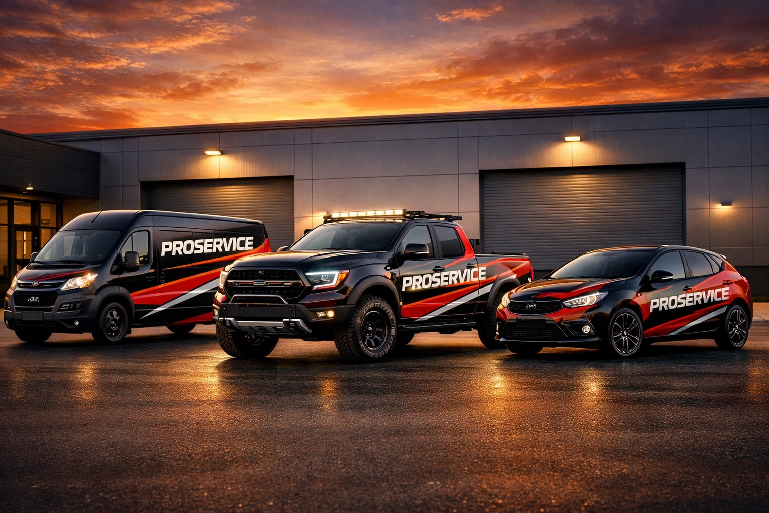 A branded fleet of service vehicles featuring professional car wraps parked at a DFW business warehouse.