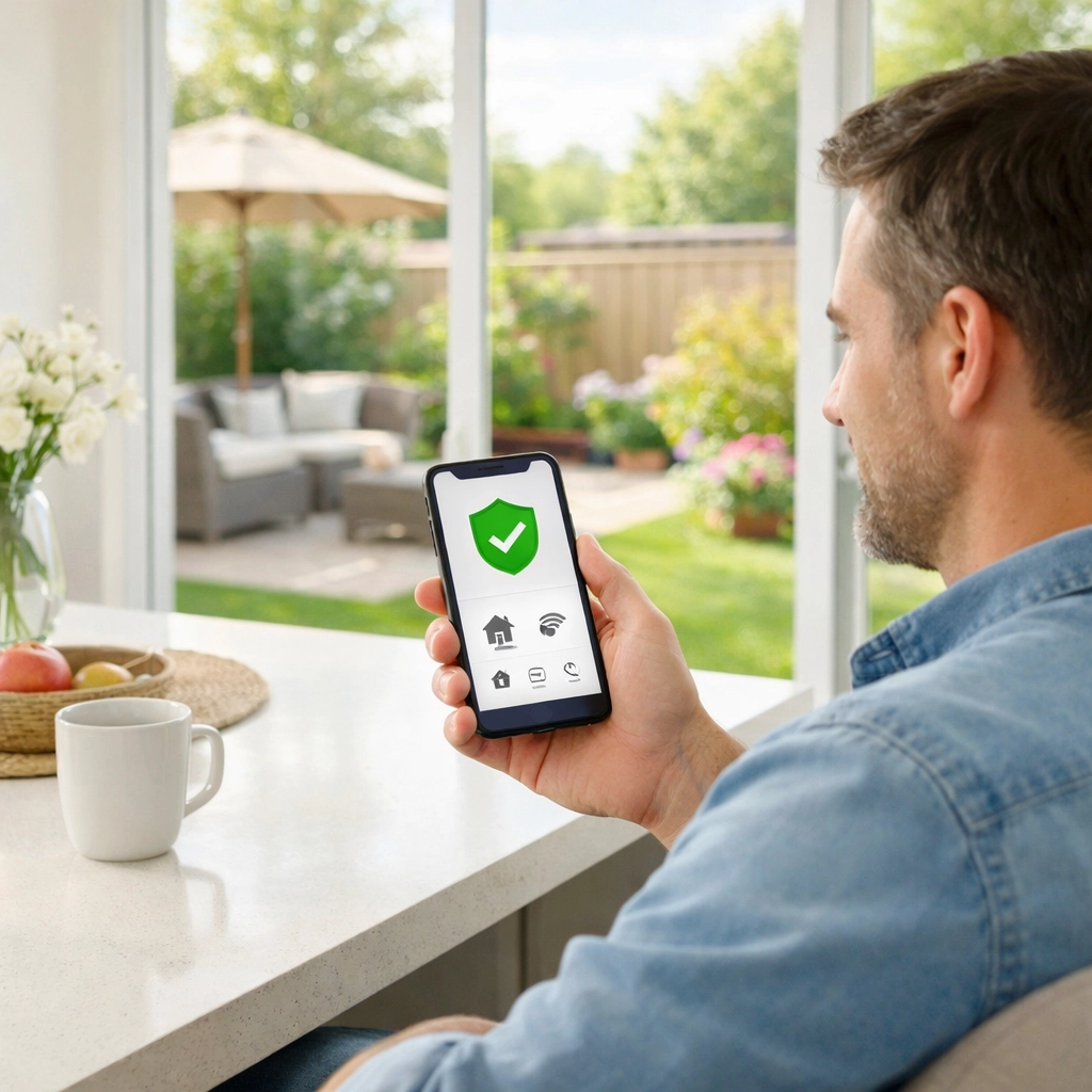 Homeowner in Evesham using a smartphone app to remotely monitor their smart intruder alarm system.