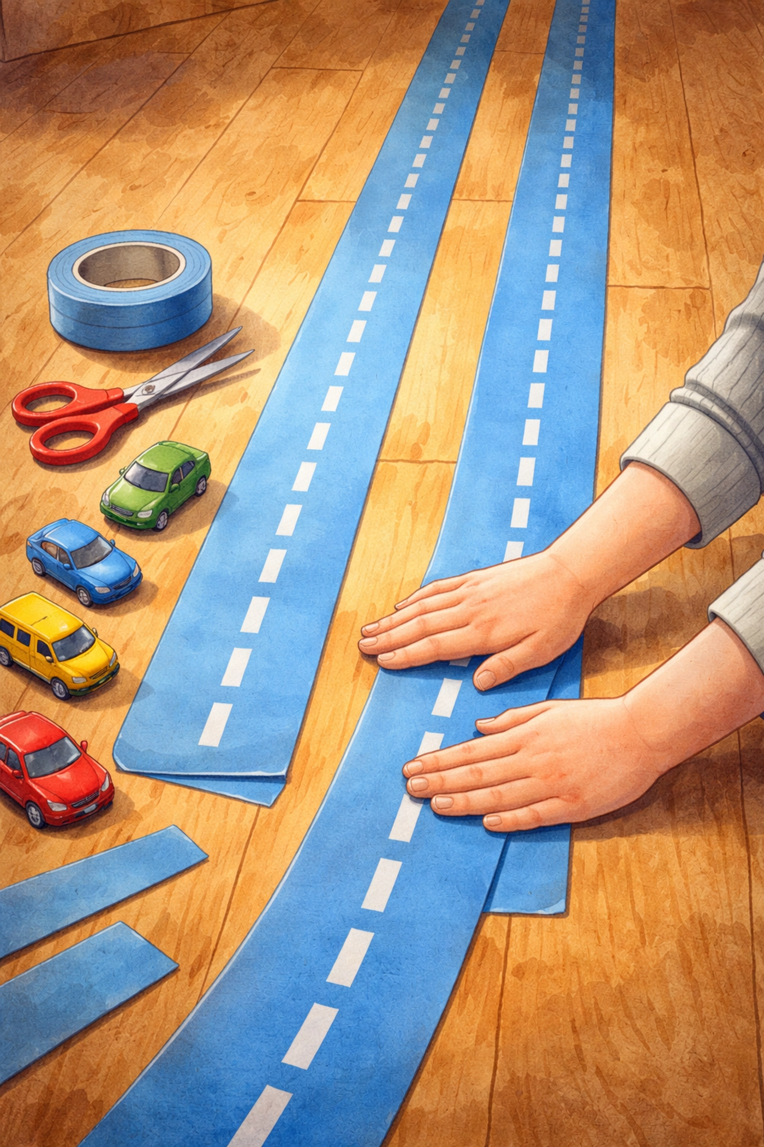 Child building a masking tape road on a wooden floor, hands pressing tape with toy cars nearby for toy car play.