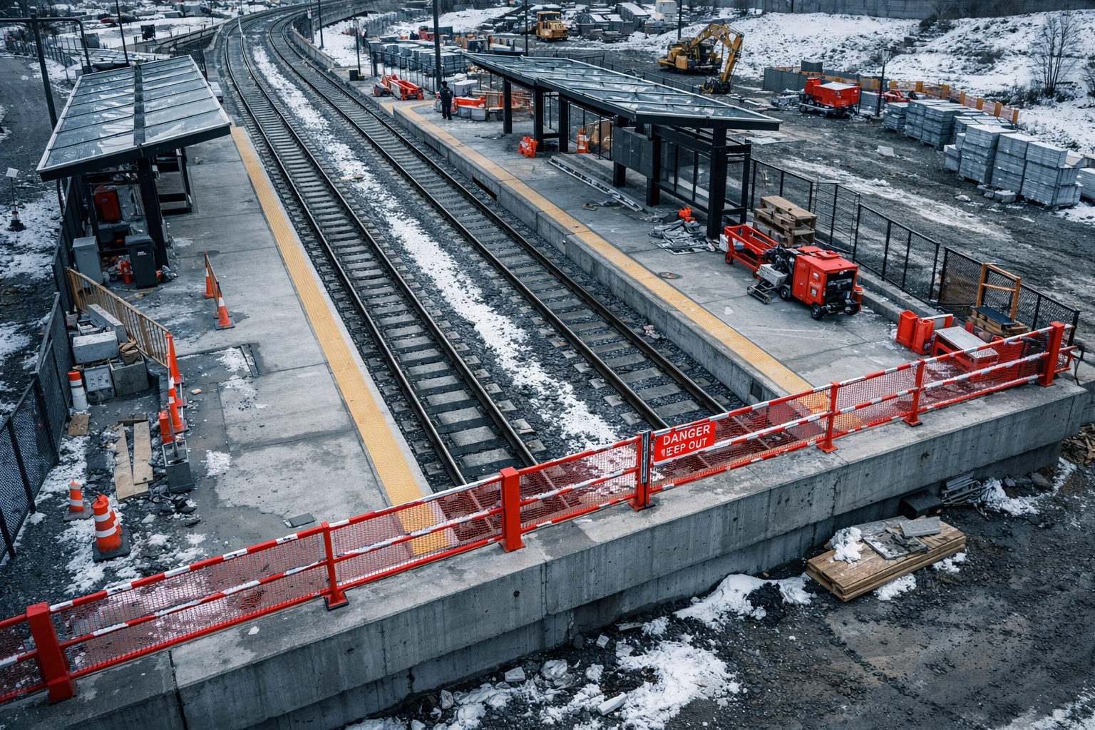OC Transpo Line 1 eastern extension construction site showing station platform work in progress