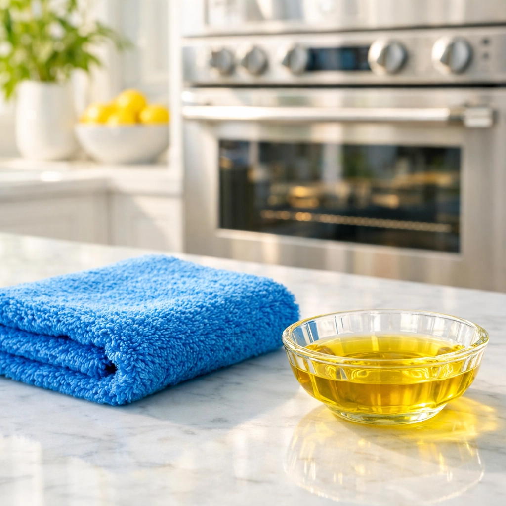 Eco-friendly cleaning supplies including a microfiber cloth and natural oil used for polishing stainless steel ovens.