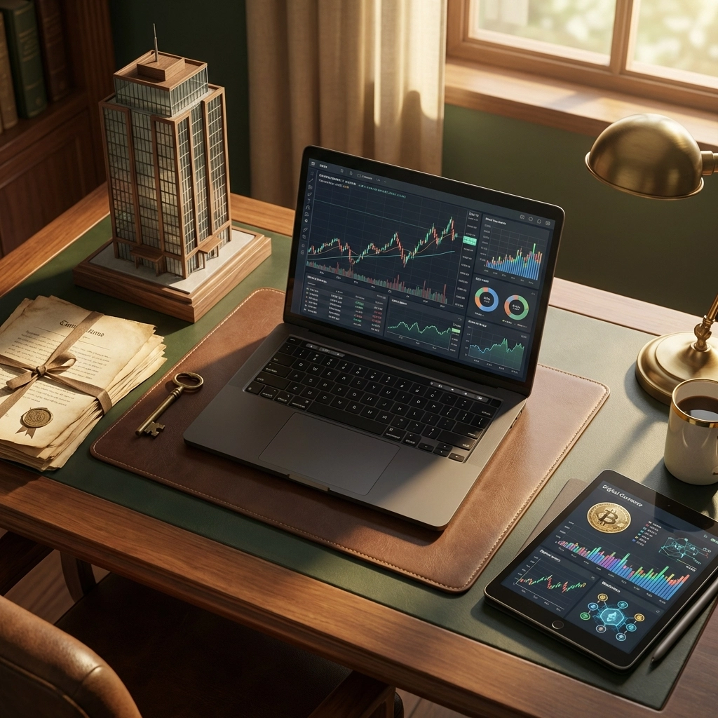 Investor's desk with financial charts, real estate model, and digital assets illustrating access to alternative investments.