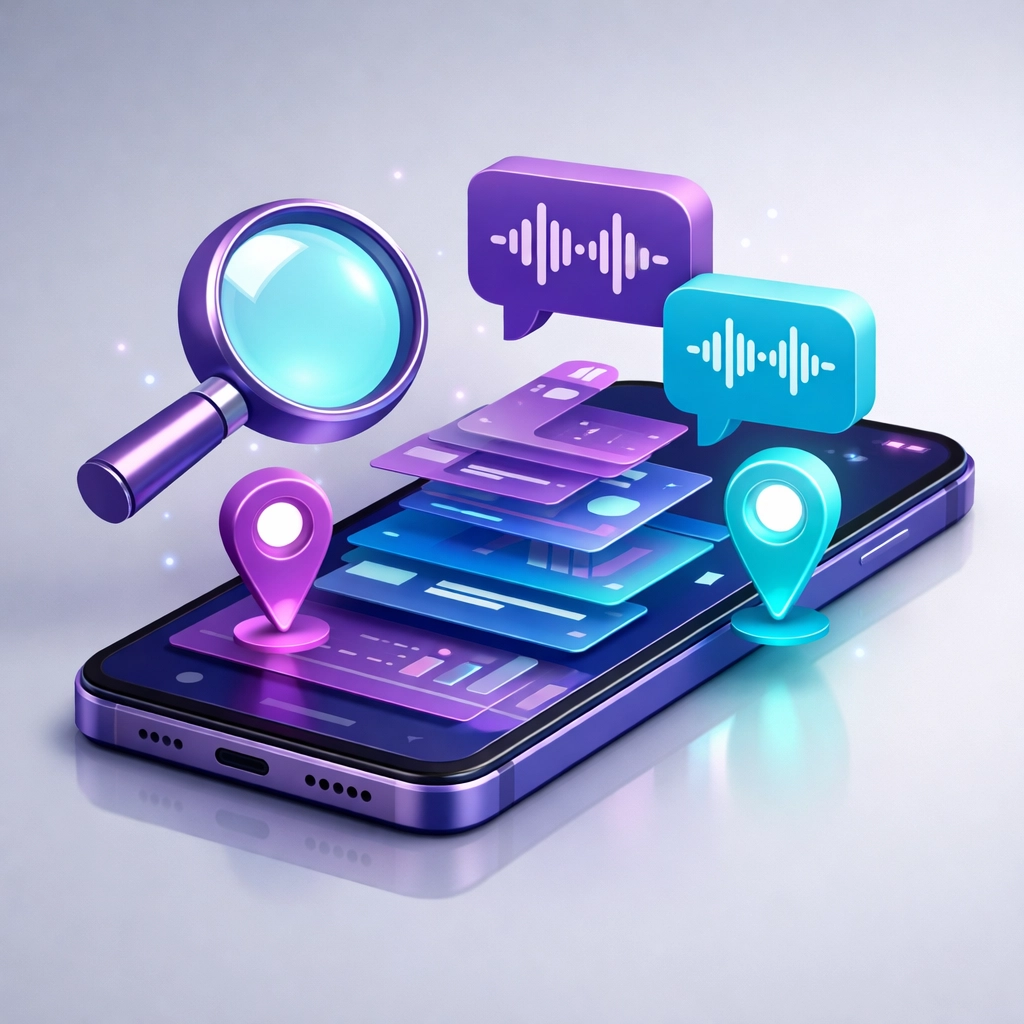 A smartphone with floating search and location icons showing how to optimize social media SEO for local growth.