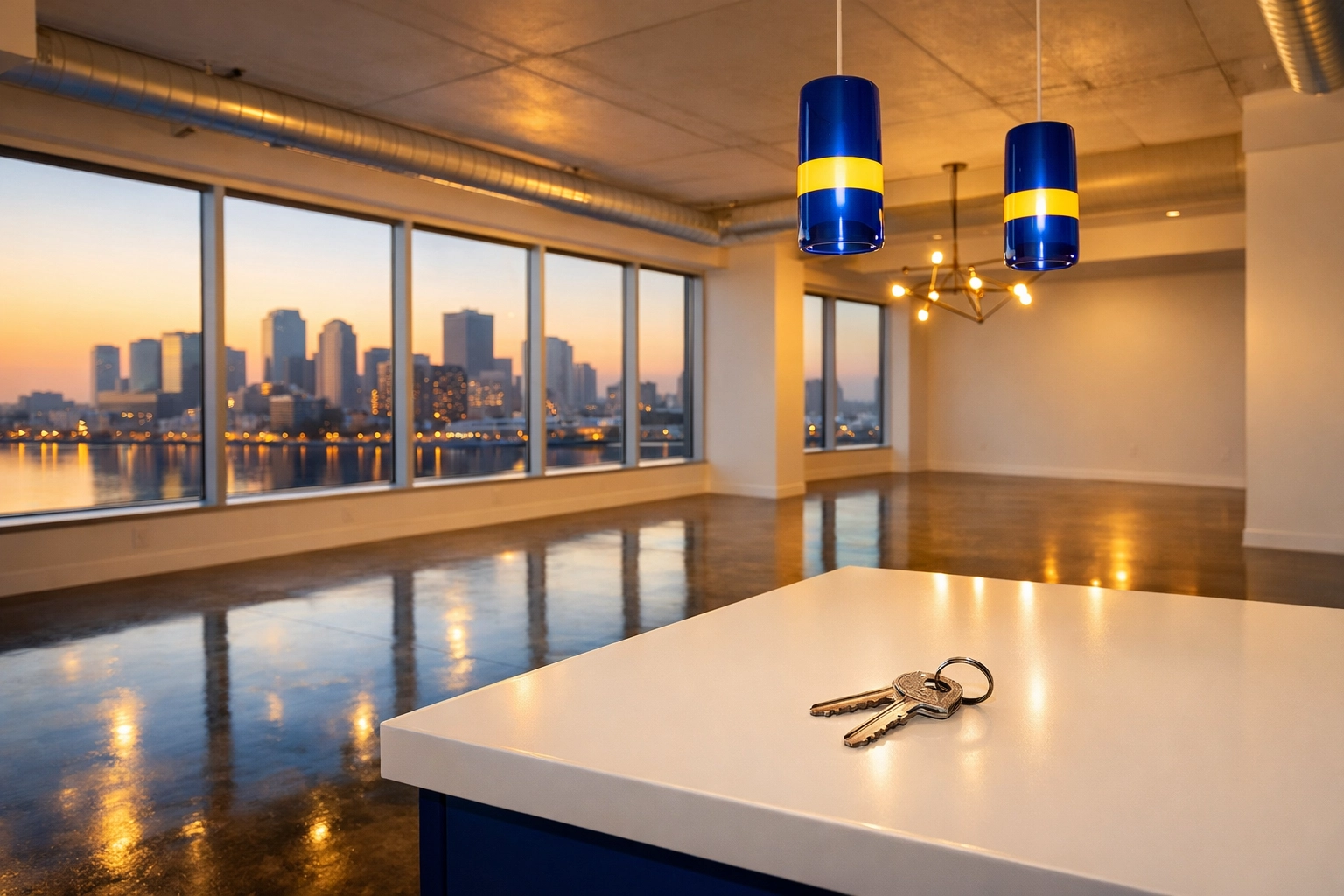 Immaculately clean Seaport loft with keys on the counter after a successful Boston apartment move-out.