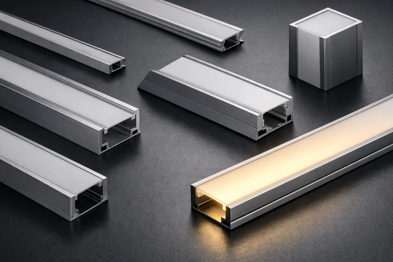 Aluminum LED channels with diffusers to eliminate hotspots in kitchen cabinet lighting systems.