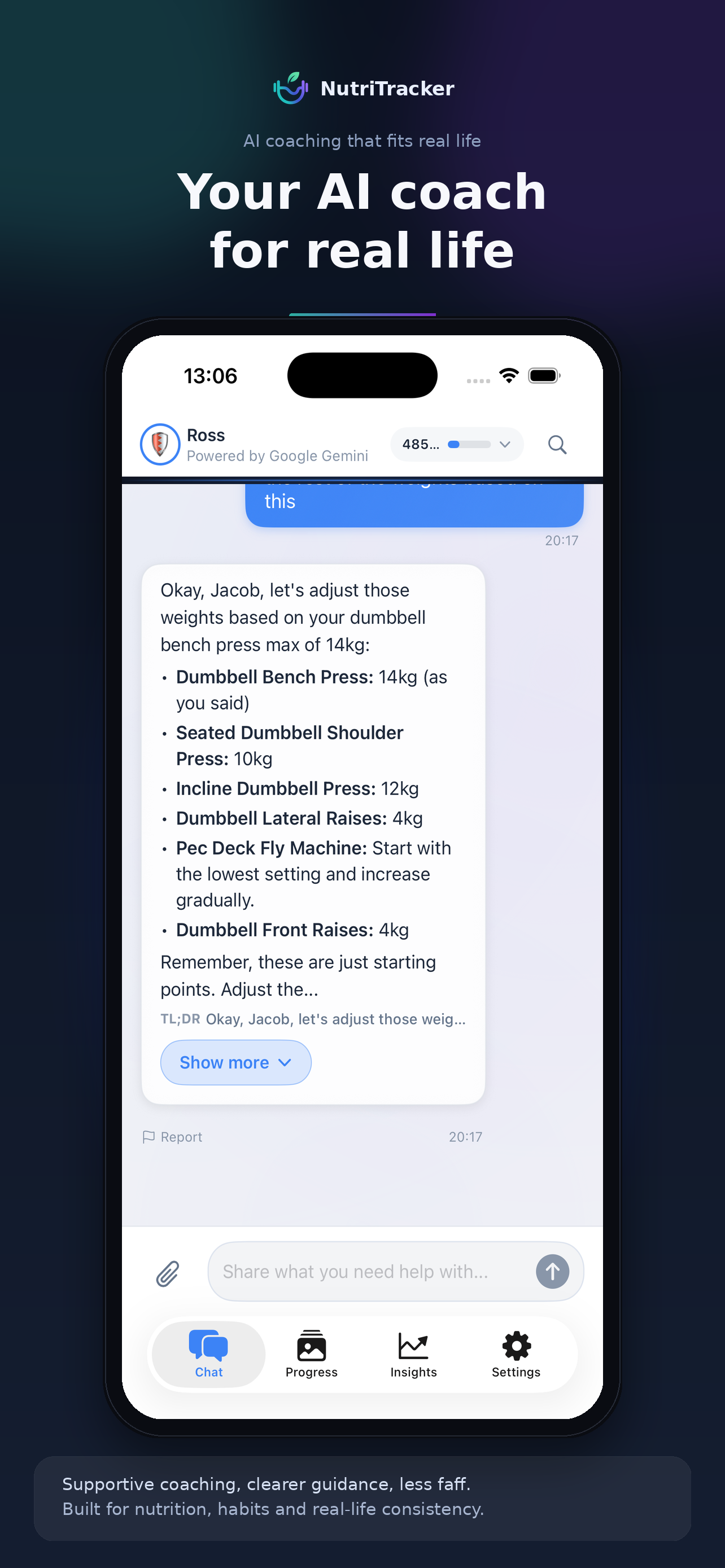 NutriTracker app chat interface showing AI-powered workout recommendations