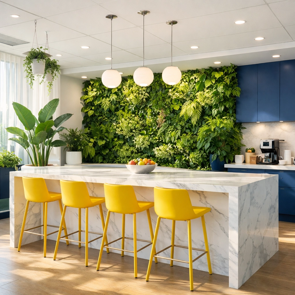 Clean and modern office breakroom with eco-friendly interior design in Westminster, MA.