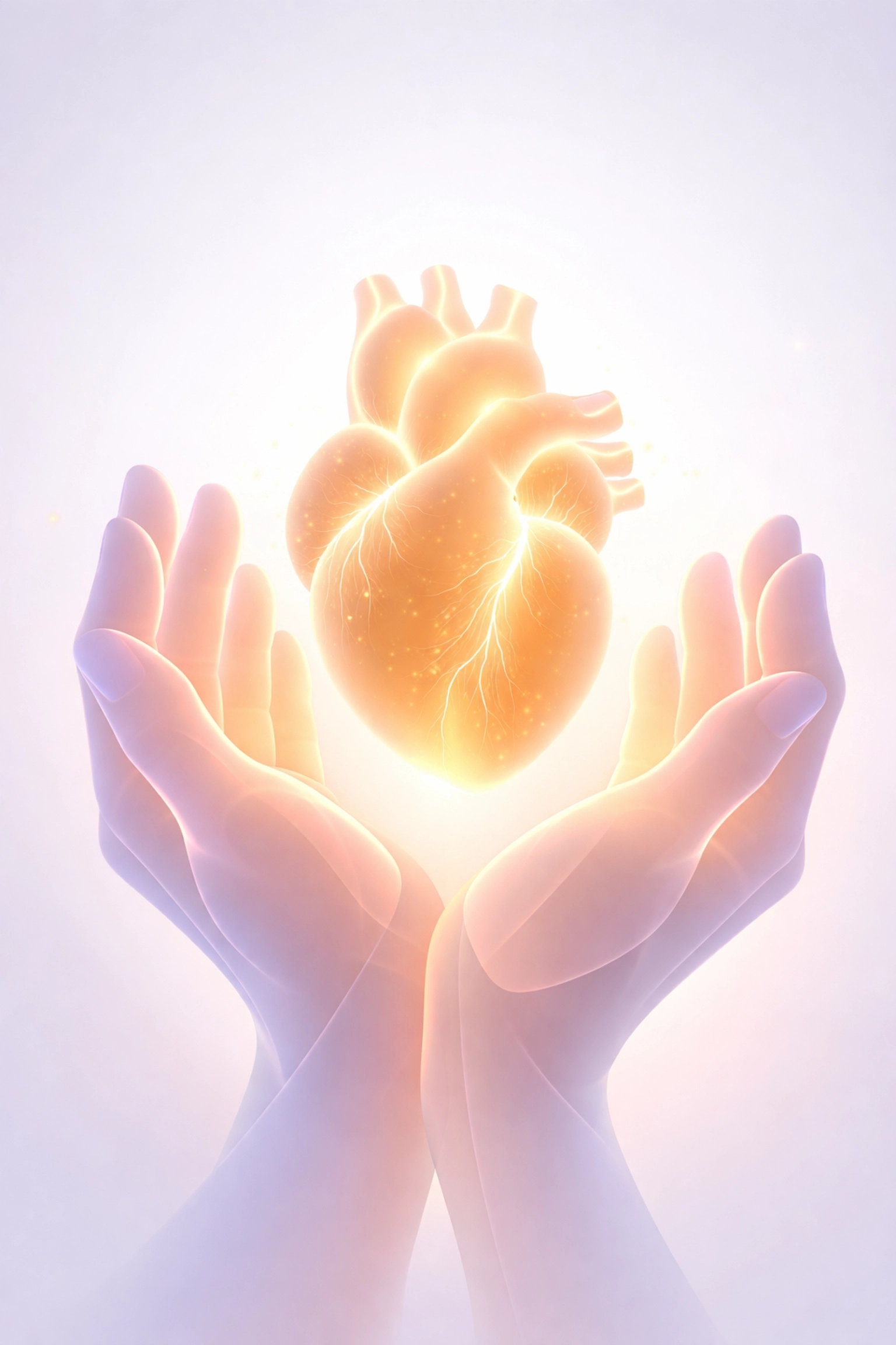 Glowing heart held by digital hands symbolizing irreplaceable human connection in spiritual care