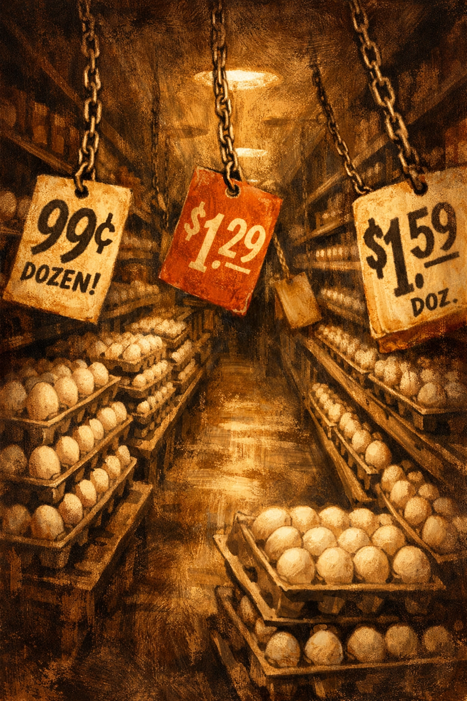 Grocery store egg aisle showing fluctuating prices and industrial egg supply volatility
