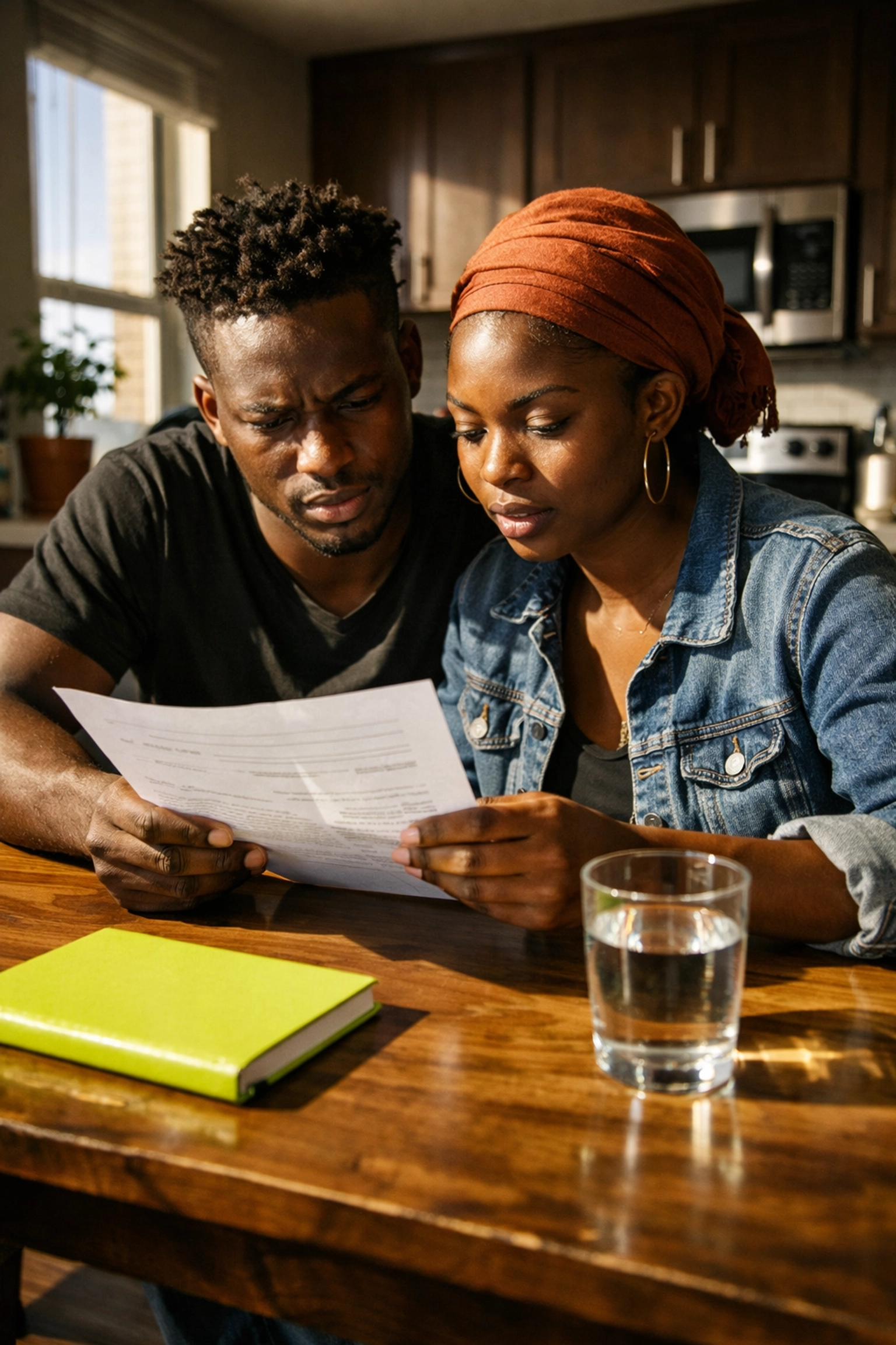 African immigrant couple in Omaha reviewing Medicaid paperwork at a sunlit kitchen table.