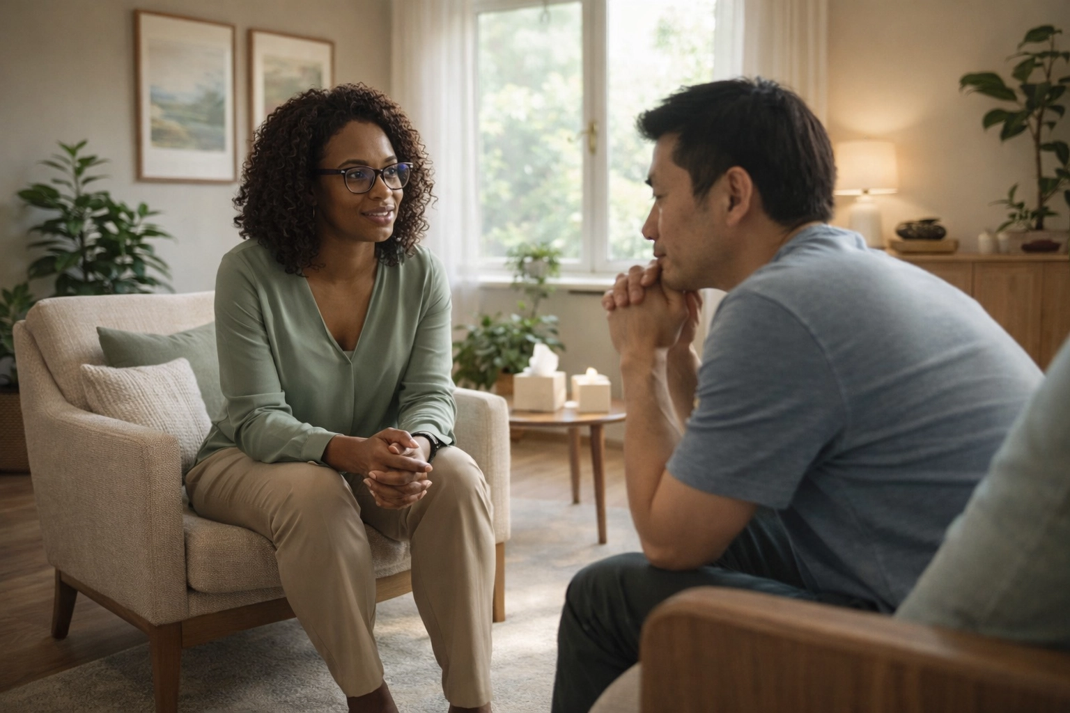 Dr. Ravyn Ramos meeting with a patient in a calm Solshine Wellness Group consultation room in Lynnwood.