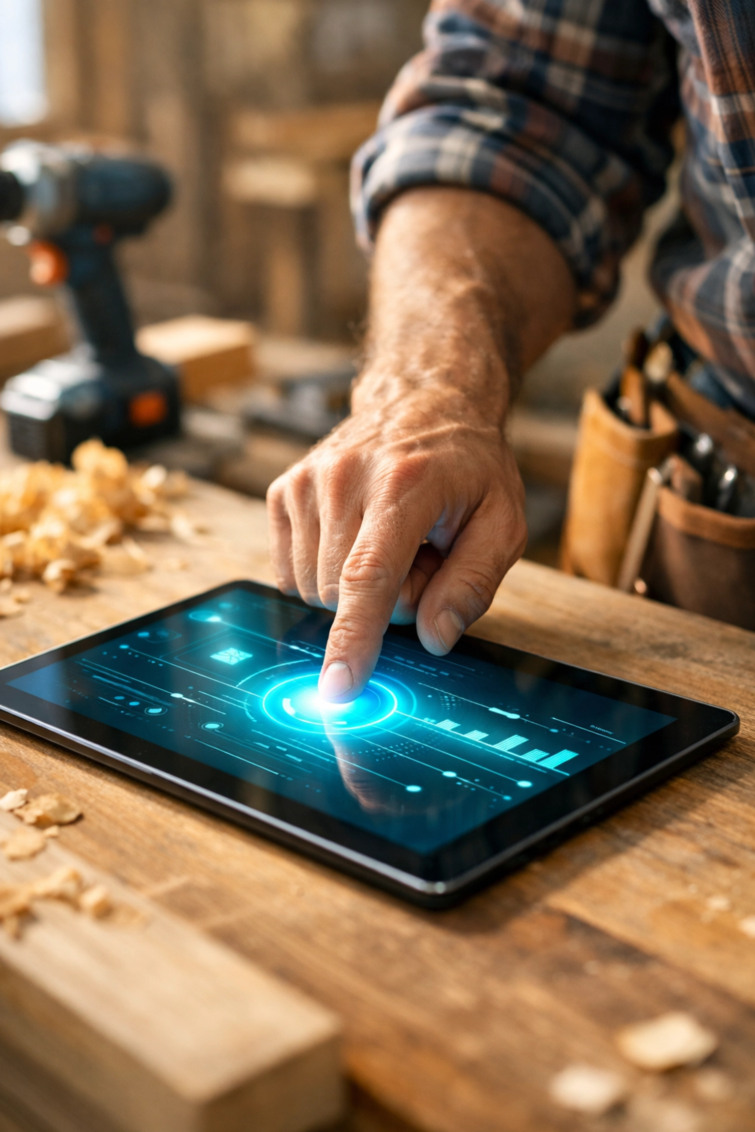 A professional contractor interacting with a digital call to action on a tablet in a workshop.