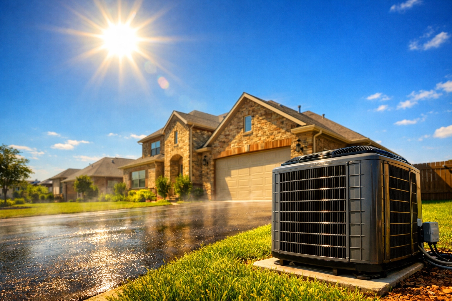 Outdoor air conditioning unit at a Pearland home requiring AC repair in Houston.