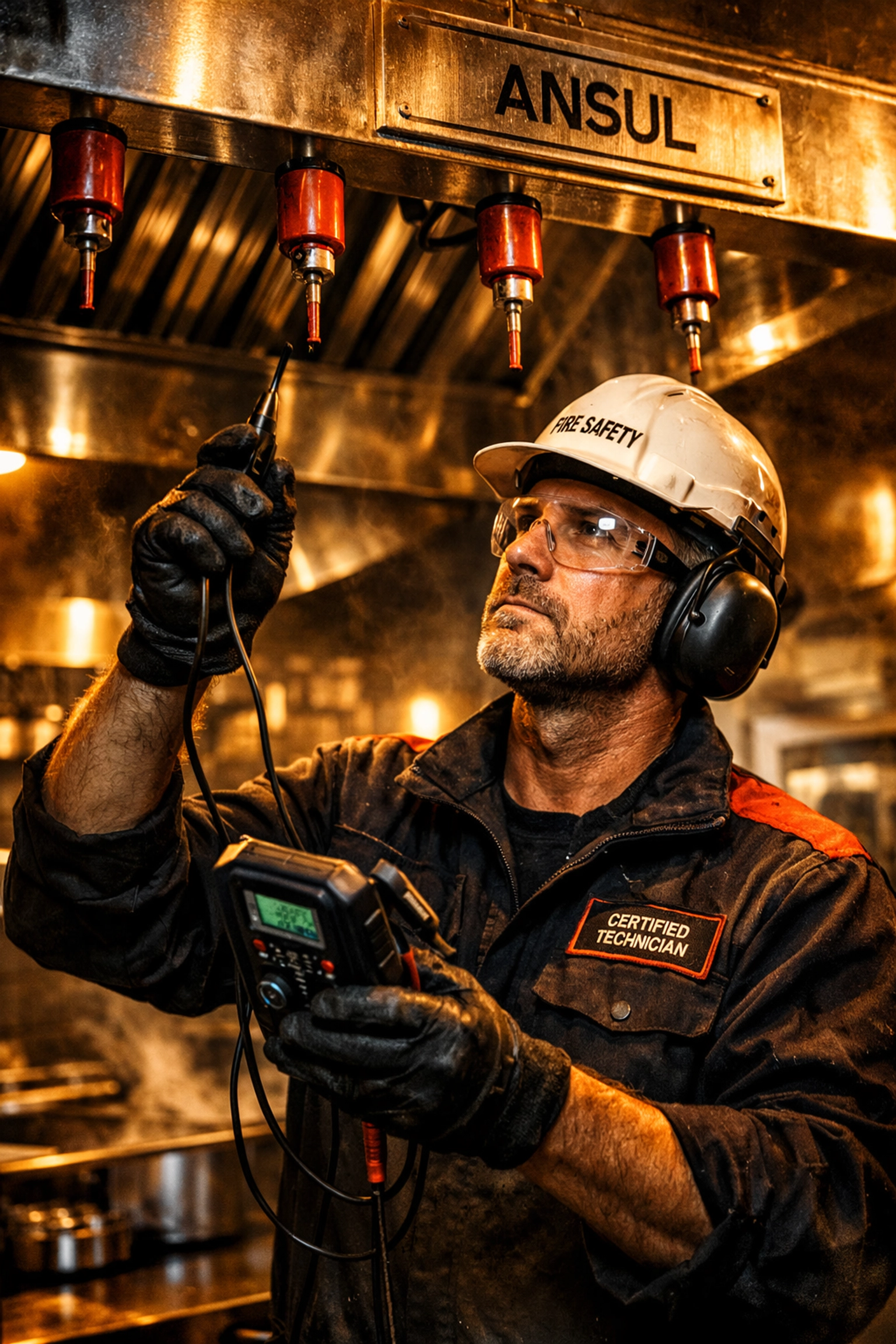 Certified technician performing Ansul system inspection in commercial kitchen
