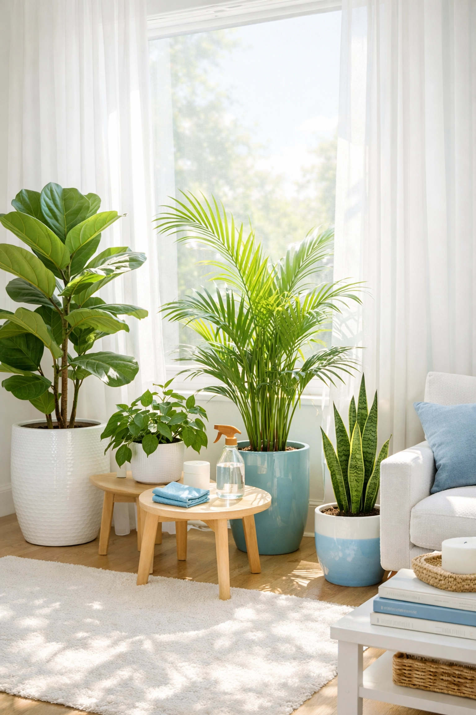 Dust-free apartment corner with green plants and natural light, showing eco-friendly cleaning results.