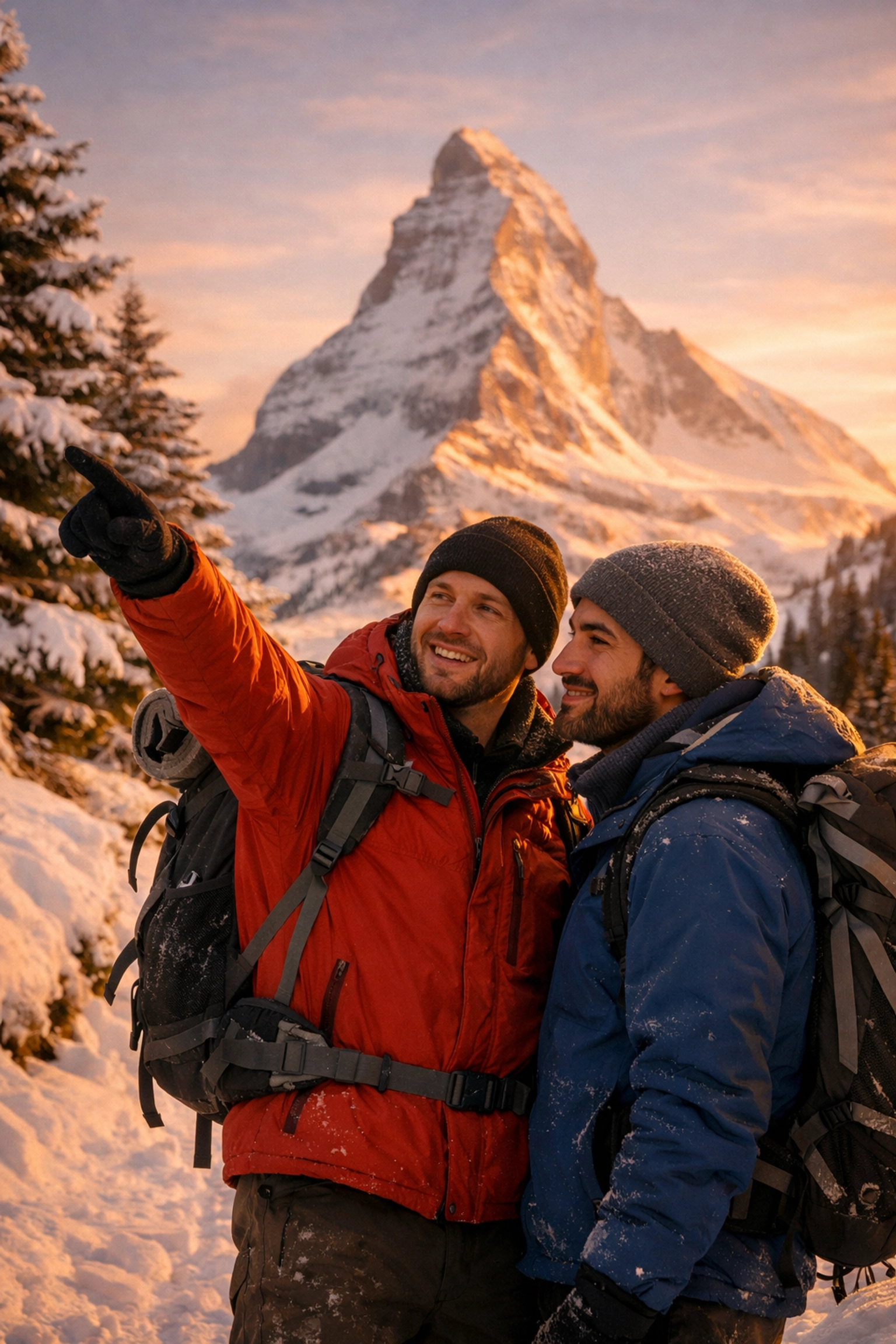Two men share romantic moment hiking Swiss Alps with Matterhorn backdrop