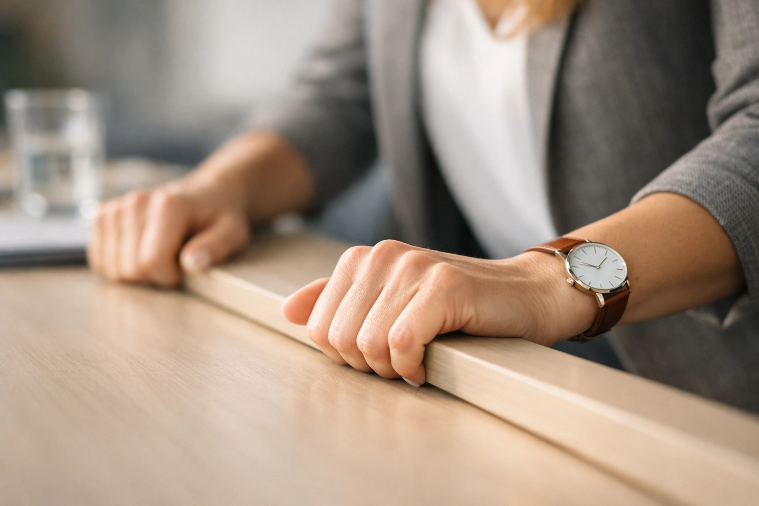 Woman's hands gripping conference table showing perimenopause stress and tension