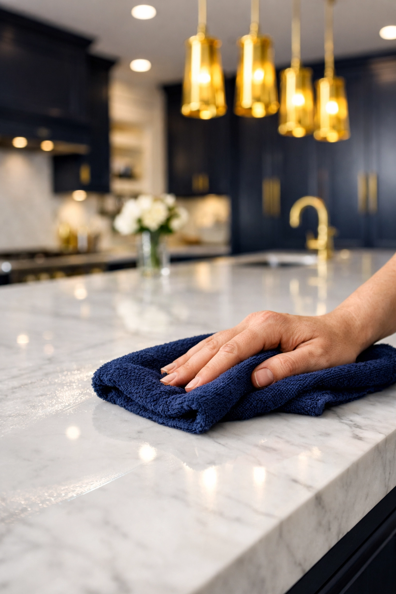Professional post construction cleaning in Carlisle removing fine dust from a luxury marble kitchen island.