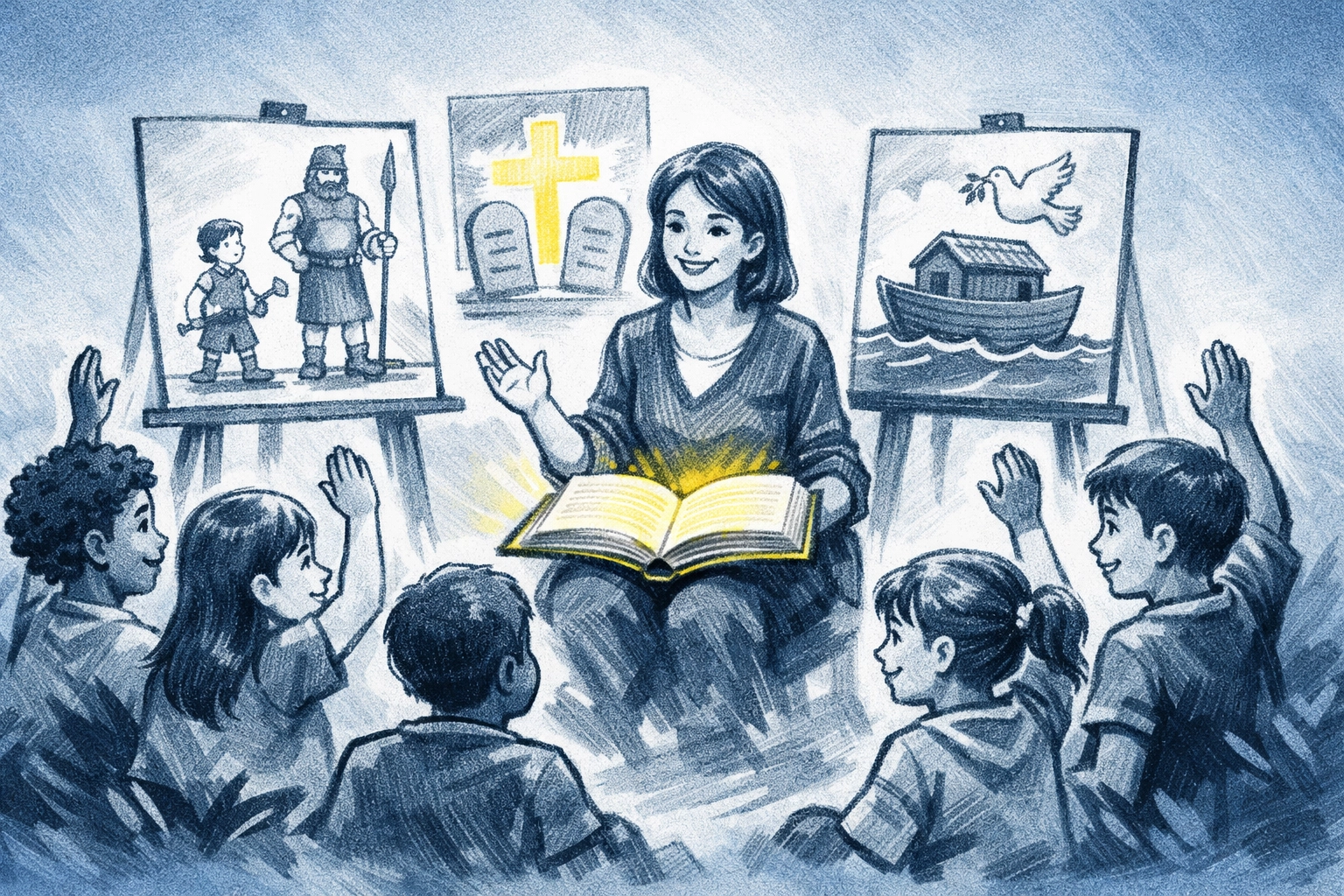 Children engaged in interactive Bible lesson during Wednesday night KidsZone program