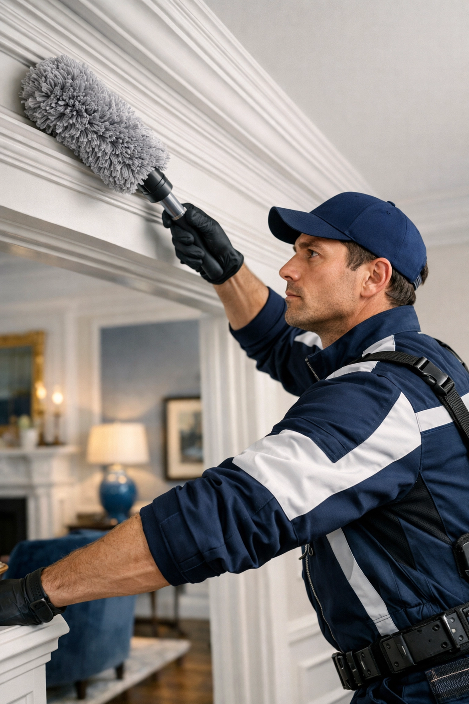 Expert cleaner dusting architectural molding, representing high-quality house cleaning services MA.
