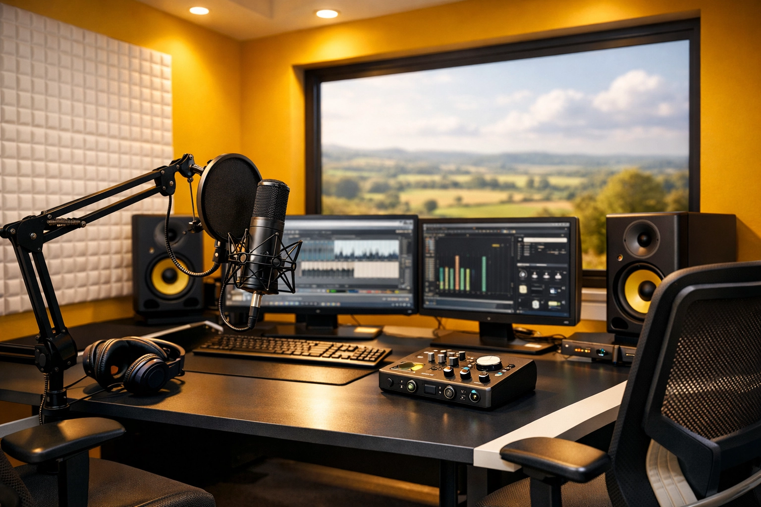 Professional podcast recording studio in Kent with soundproofing and broadcast equipment