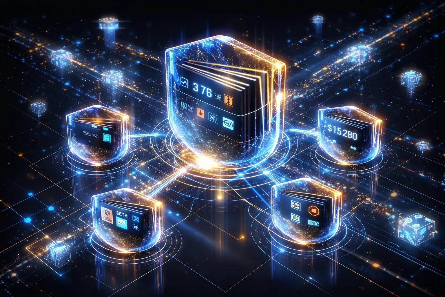 Illustration of secure digital wallets and blockchain nodes, showcasing Larecoin’s self-custody and crypto security features.