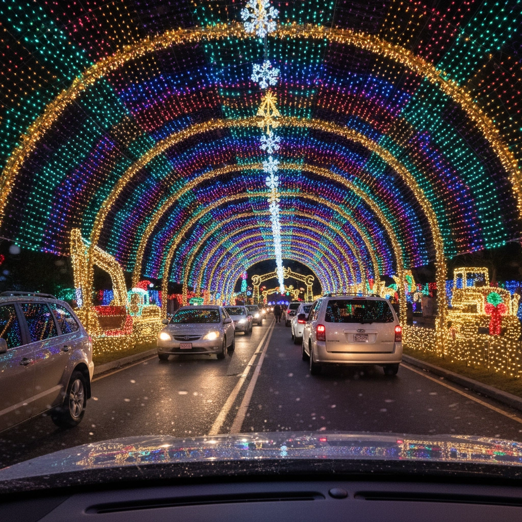 Construction equipment decorated with colorful Christmas lights at the Holidig Drive-Thru Light Show
