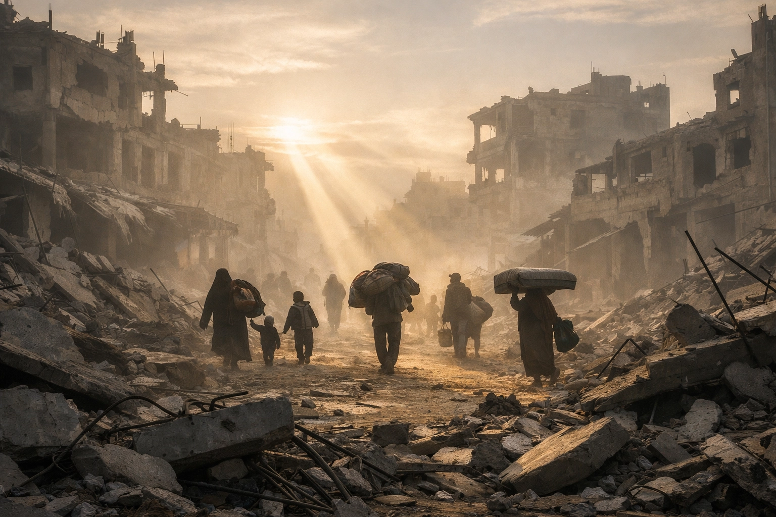 Displaced families walking through destroyed Gaza neighborhood at dawn amid rubble and damaged buildings