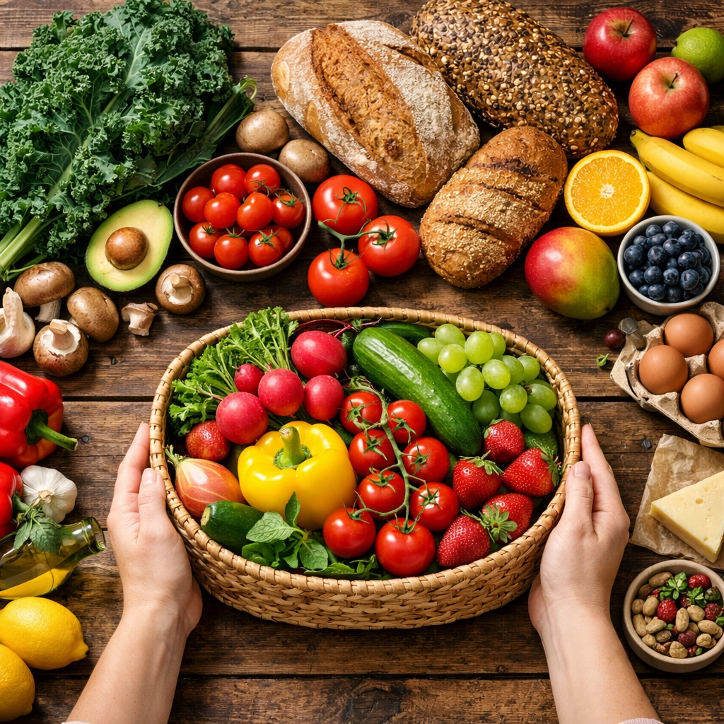Fresh groceries and produce symbolizing emergency food assistance for families in New Jersey.