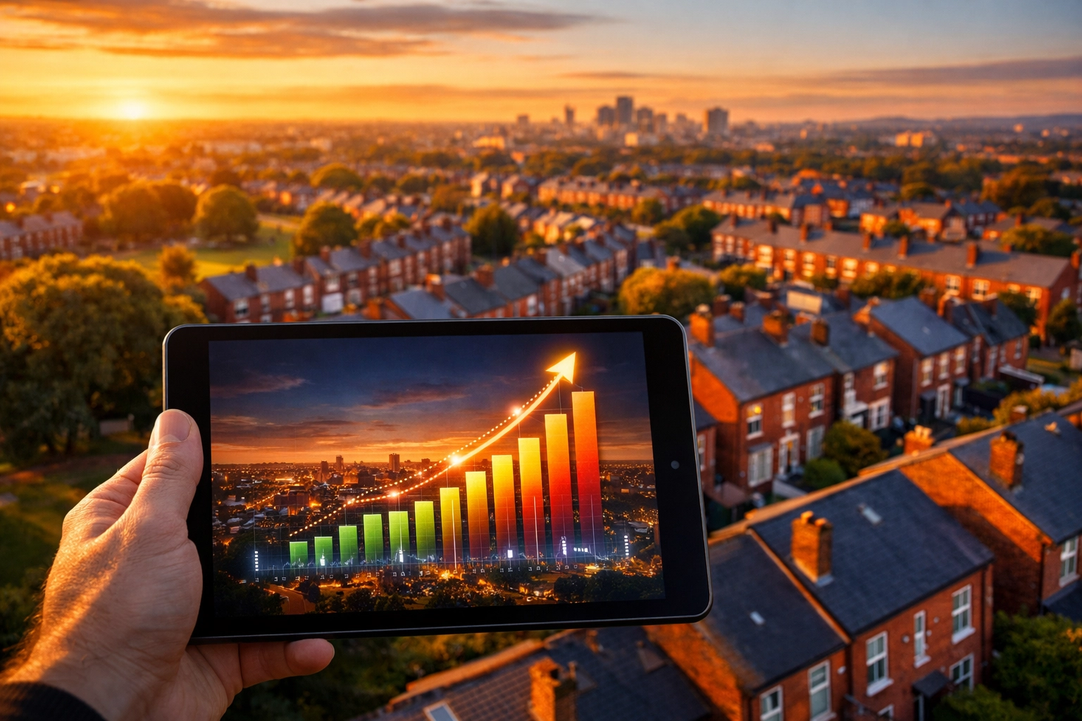 Greater Manchester residential area aerial view with a data chart showing UK property investment yields.