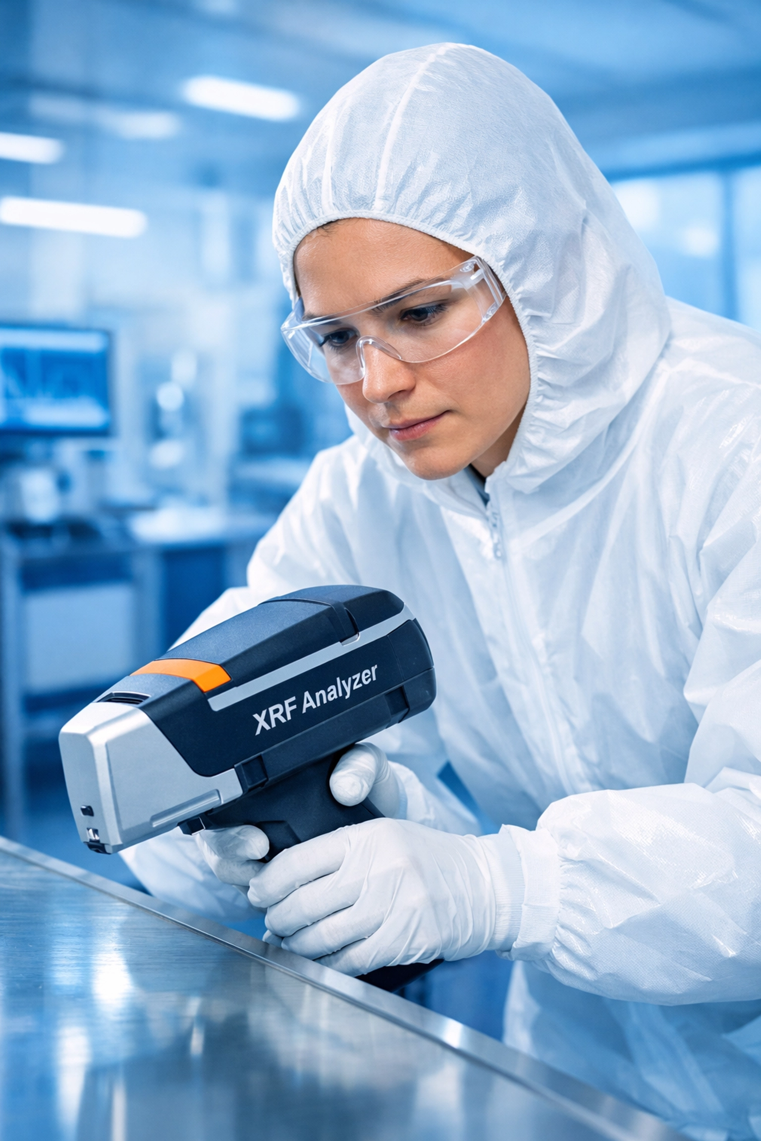 Professional technician using an XRF analyzer for lead testing in a modern commercial facility.