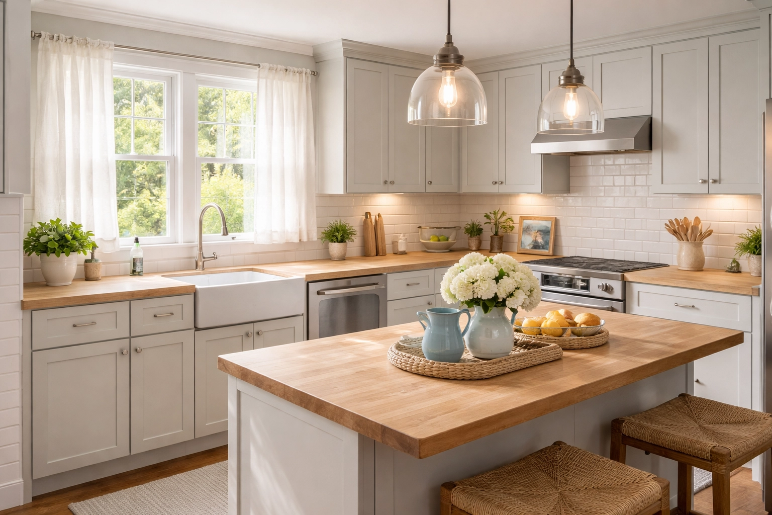 Bright Melrose kitchen with gray cabinets, new hardware, and natural light: showcasing strategic upgrades for selling a home.