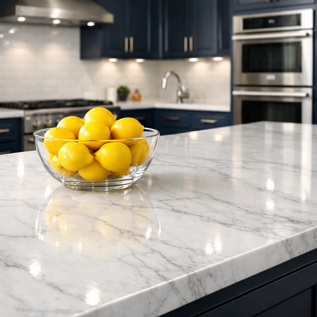 Professionally cleaned luxury kitchen in Bolton, MA with streak-free marble countertops and cabinetry.