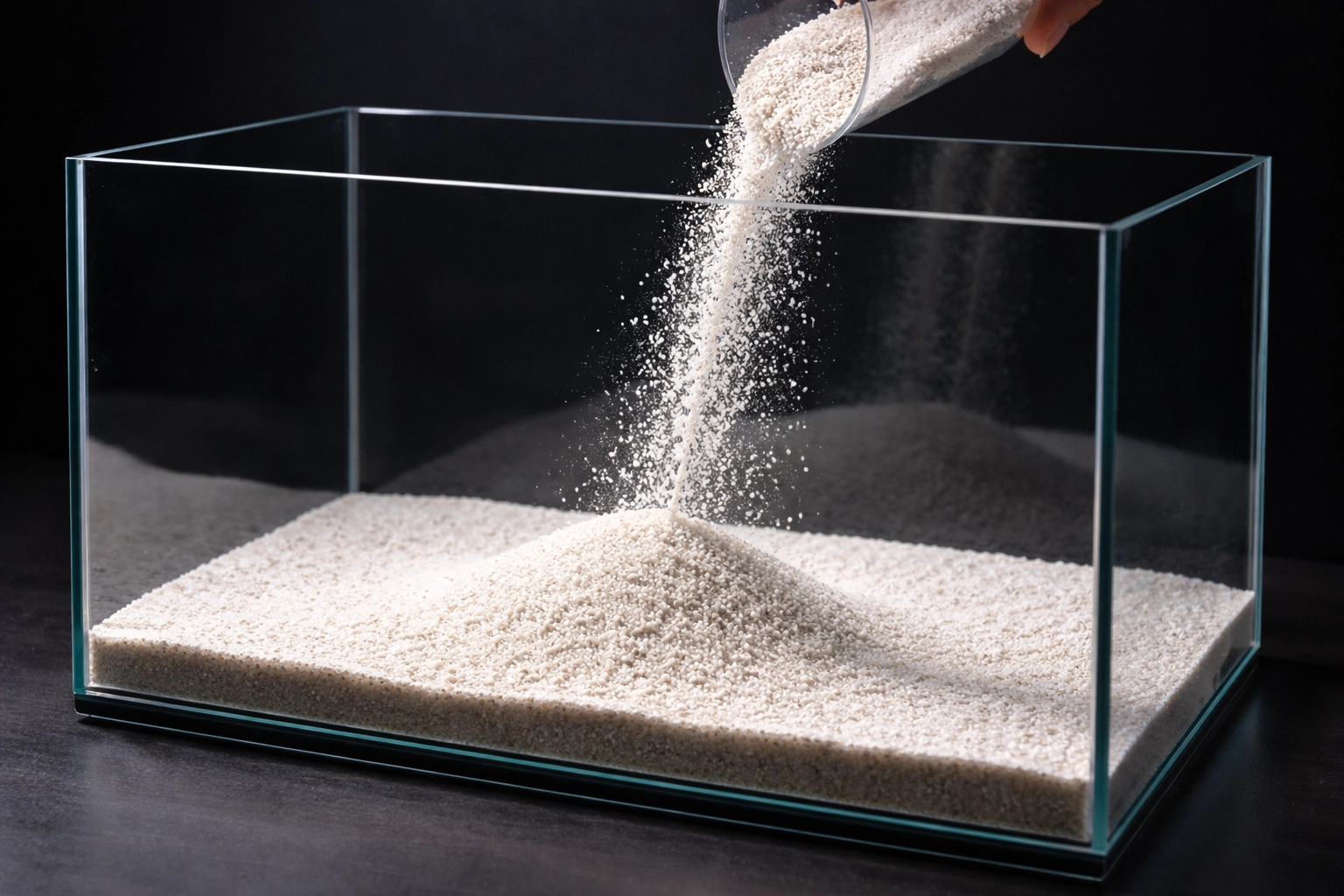 White live sand being added to a new saltwater aquarium tank, showing foundation steps in aquarium installation.