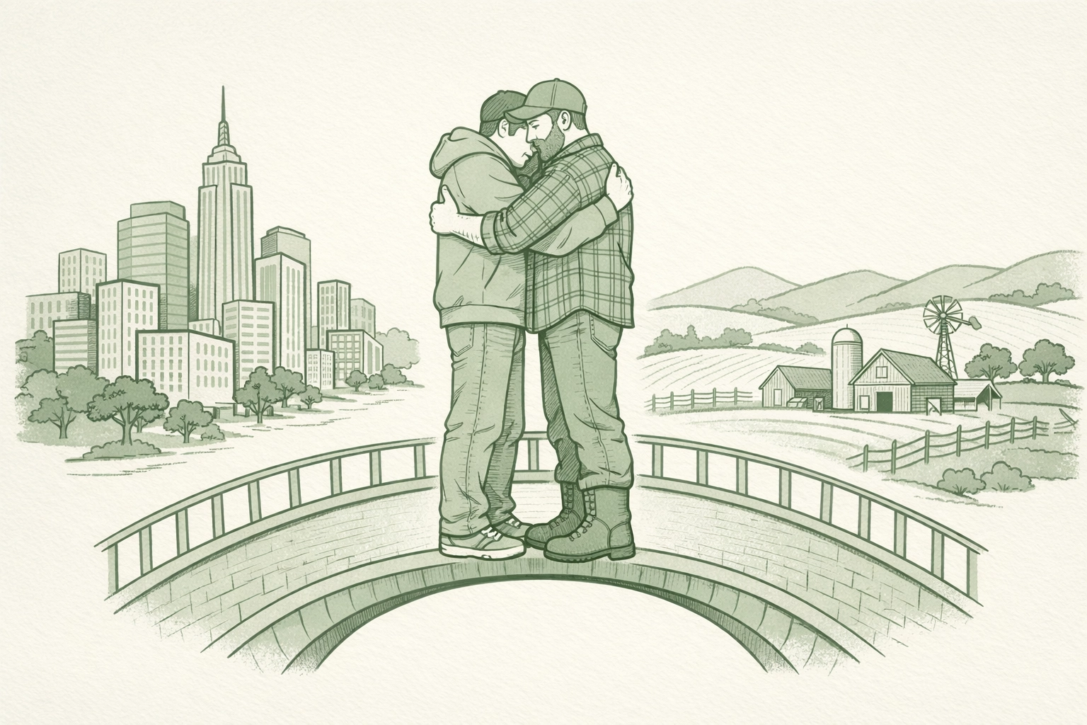 Two gay men embracing on bridge connecting urban city and rural countryside representing LGBTQ+ solidarity