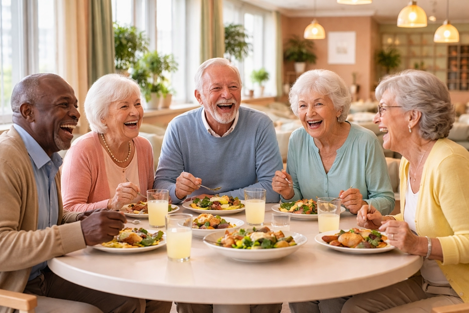 Seniors laughing and socializing together in a Sarasota assisted living community dining room.