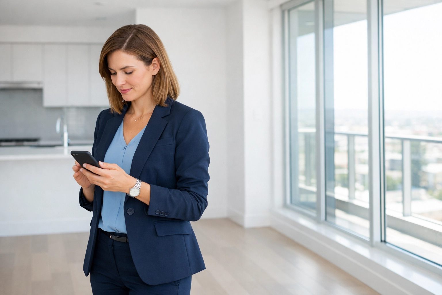 Property manager using digital tablet for apartment inspection and turnover documentation