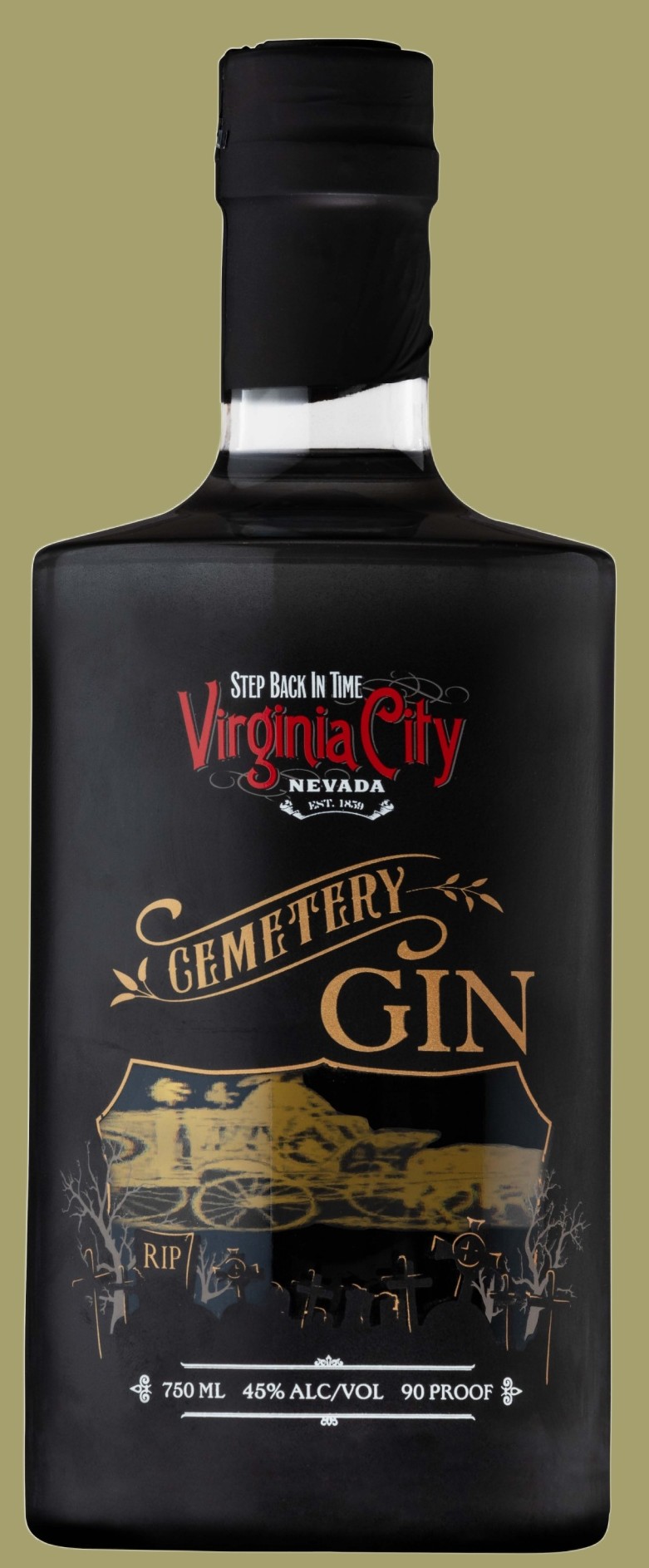 Virginia City Cemetery Gin 750ml bottle, 45% ABV (90 proof), matte black glass with gold cemetery-themed graphics