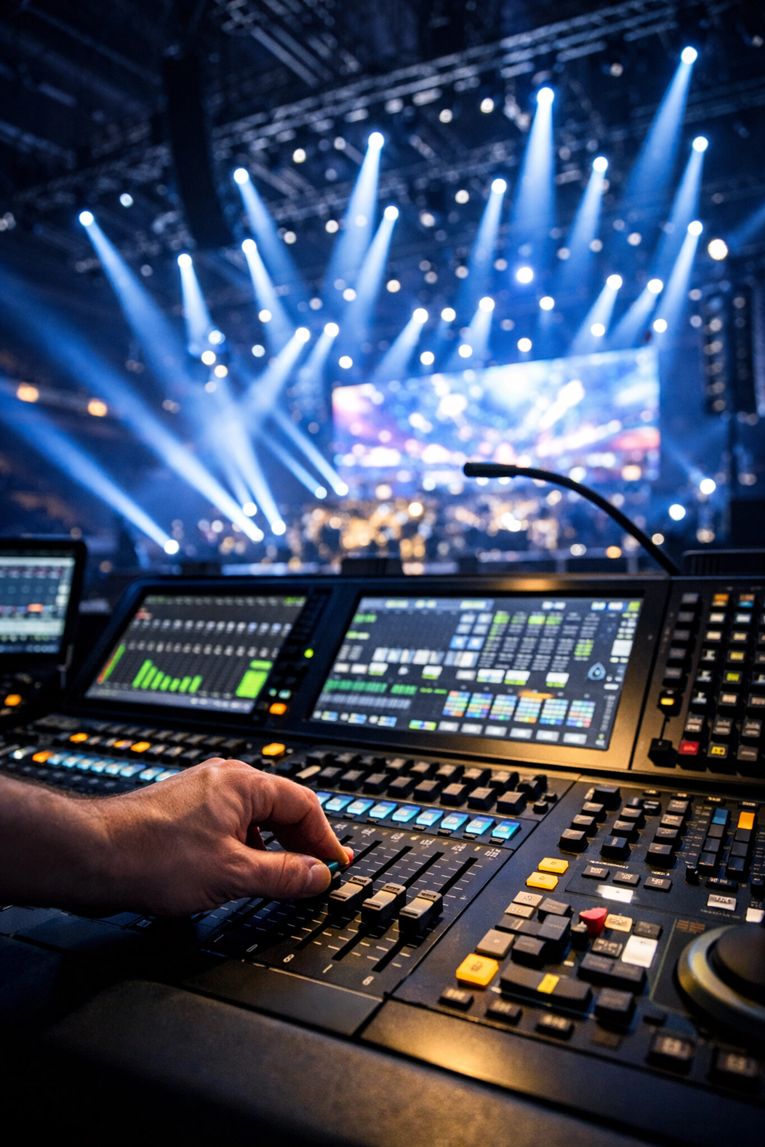 A professional technician managing complex audio and lighting systems for a high-impact live event production.