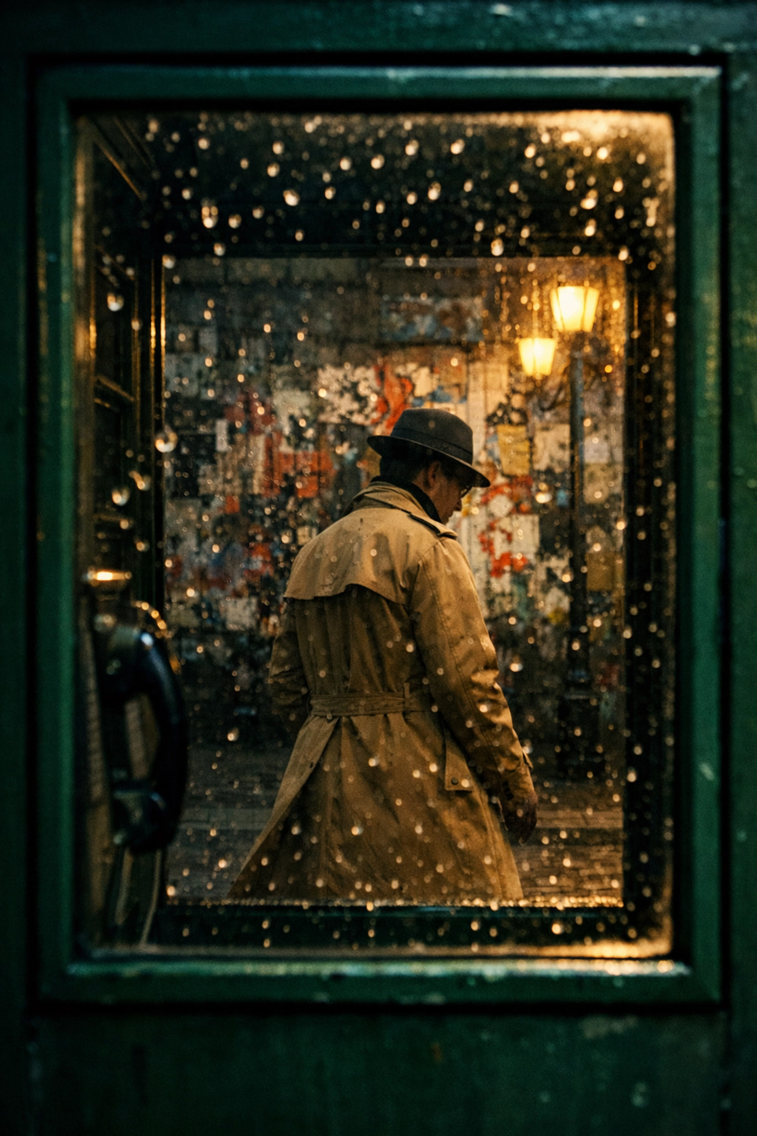 Street photography frame within a frame technique showing a person through glass near colorful urban street art.