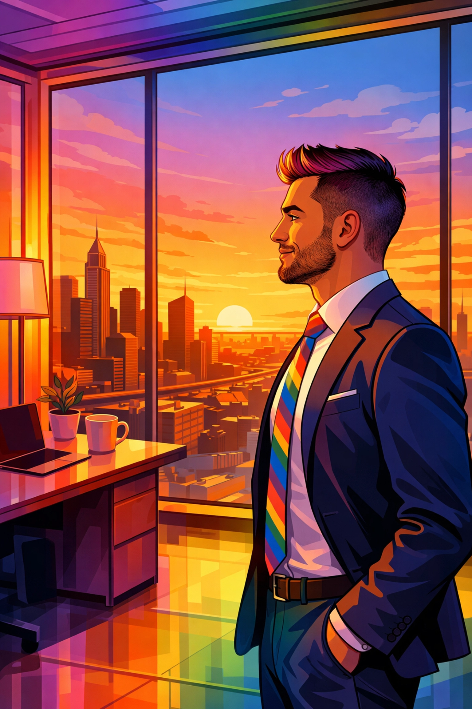A proud gay man in a modern office reflecting an inclusive professional culture.