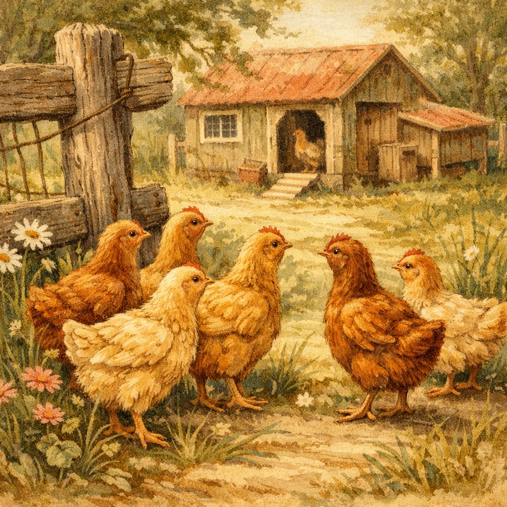 Young hens explore the yard near a wooden fence before moving into Mercy's Coop at the farm.