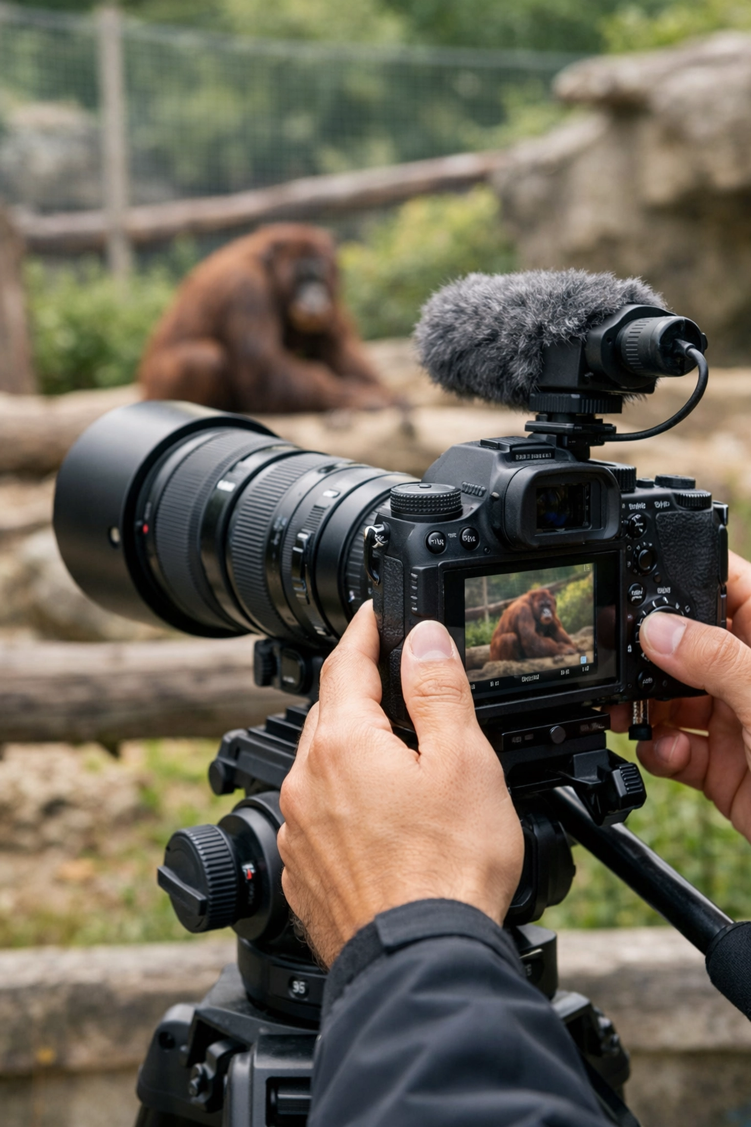 Professional camera equipment capturing zoo animal photography for stock library content