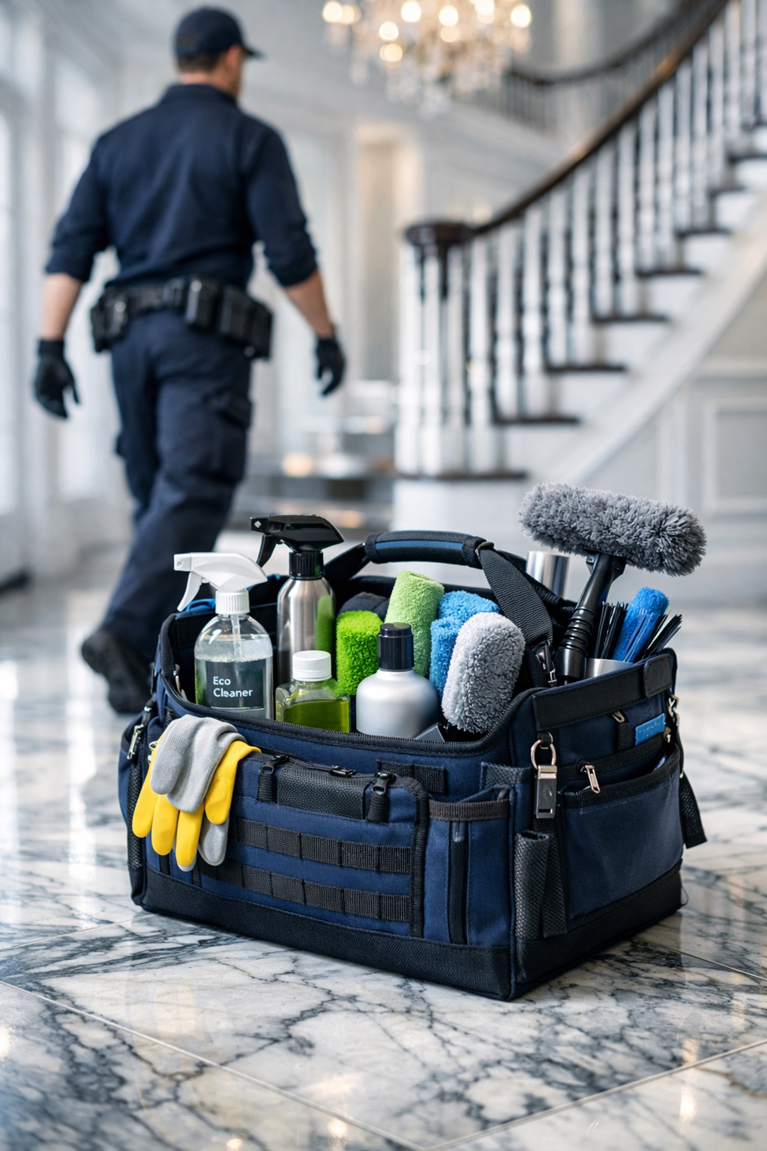 A professional cleaning kit staged on marble floors for a high-end residential cleaning Massachusetts session.