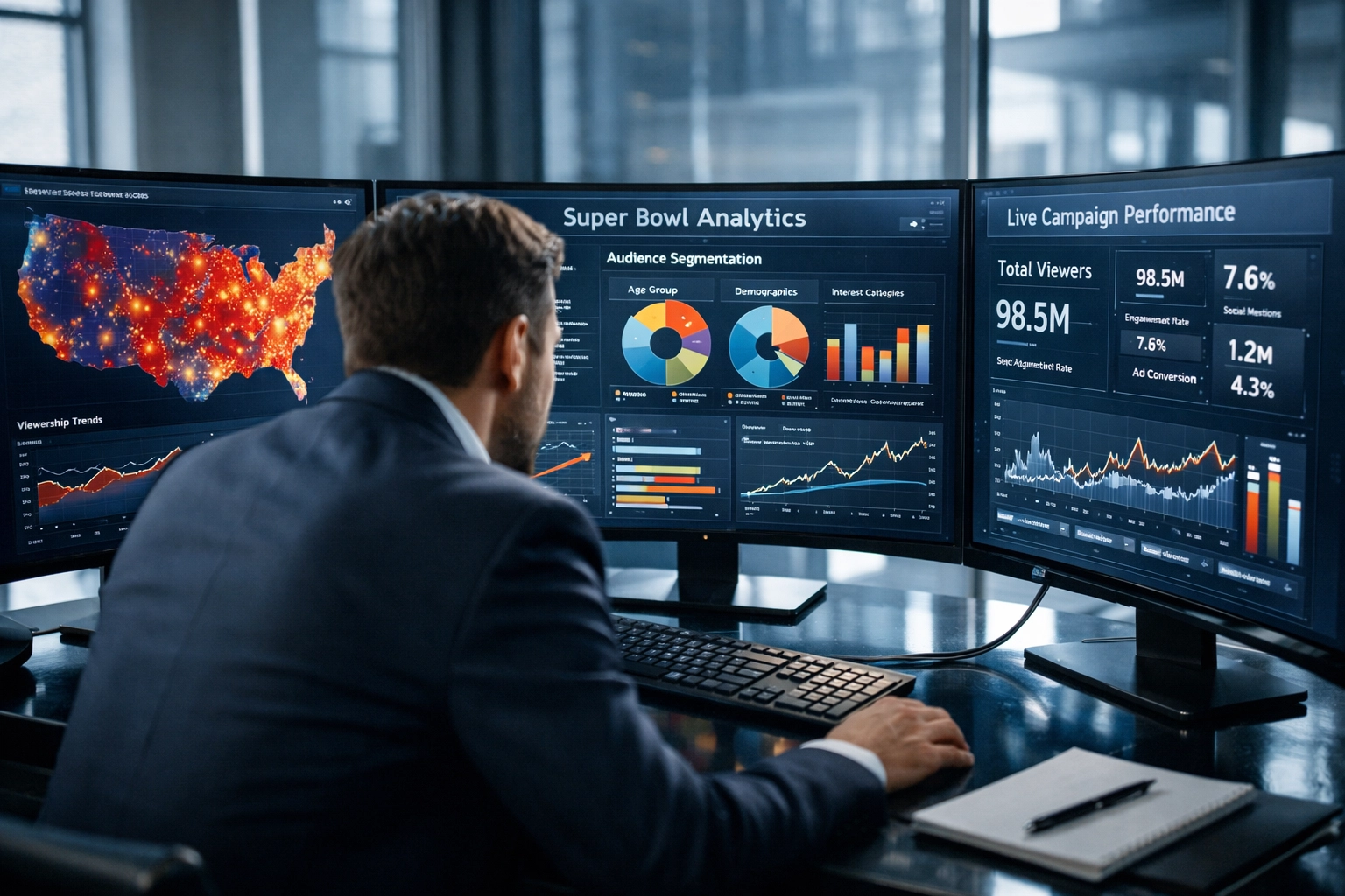 Sports media analyst examining Super Bowl viewership data and audience segmentation