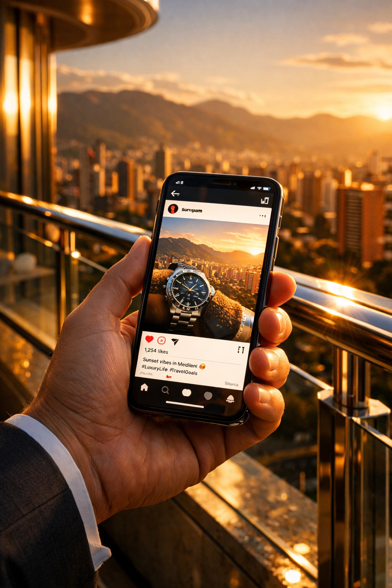 Smartphone social media posts on a luxury terrace, highlighting digital security risks in Medellin rentals.