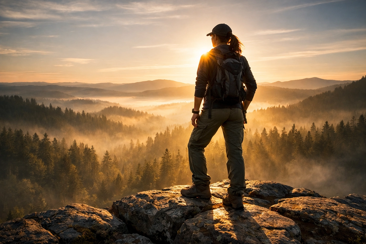 Woman celebrating a holistic wellness transformation while hiking in nature during a scenic sunrise.