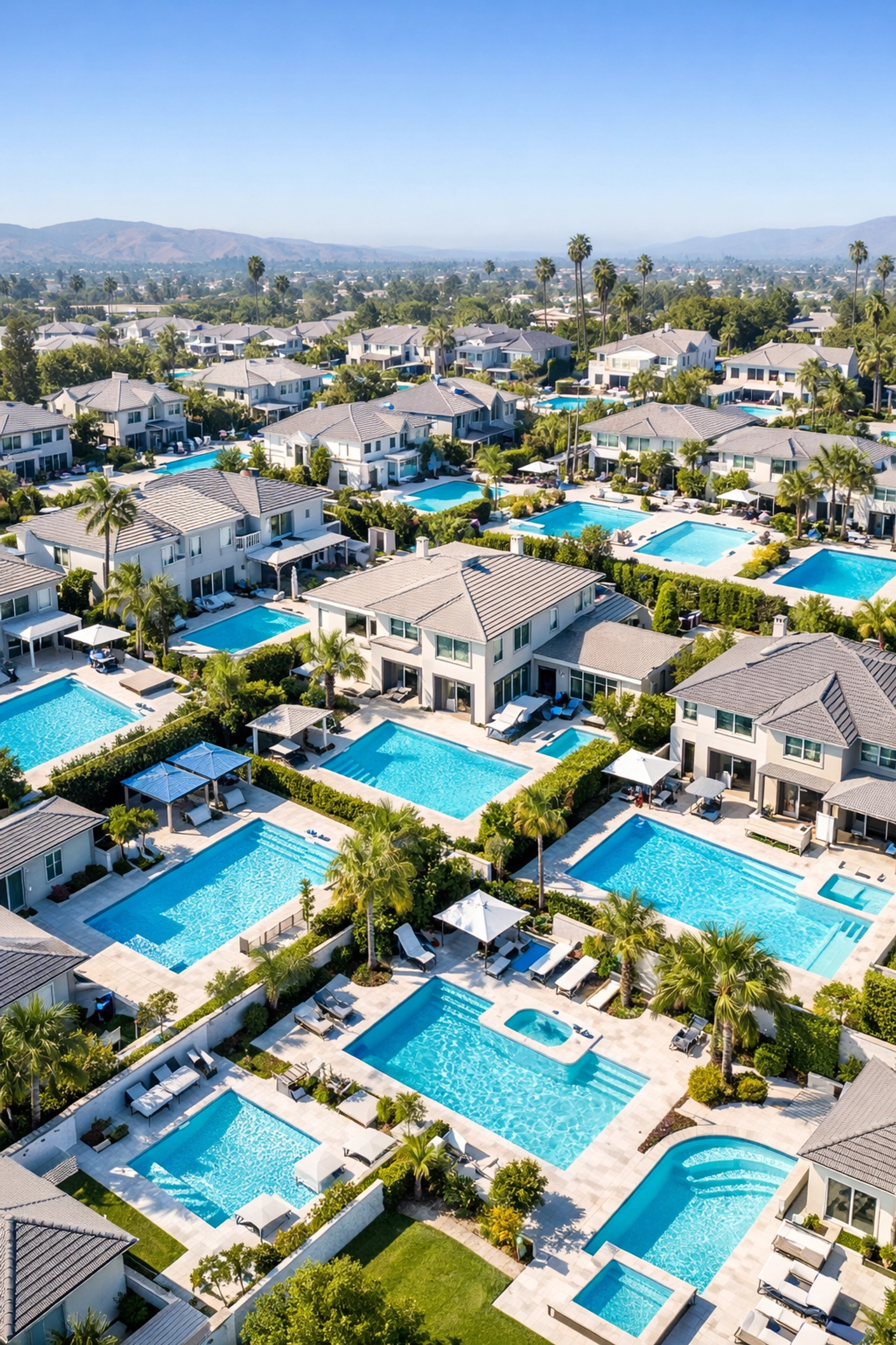 Aerial view of California suburban pools showing high-density pool routes for sale.