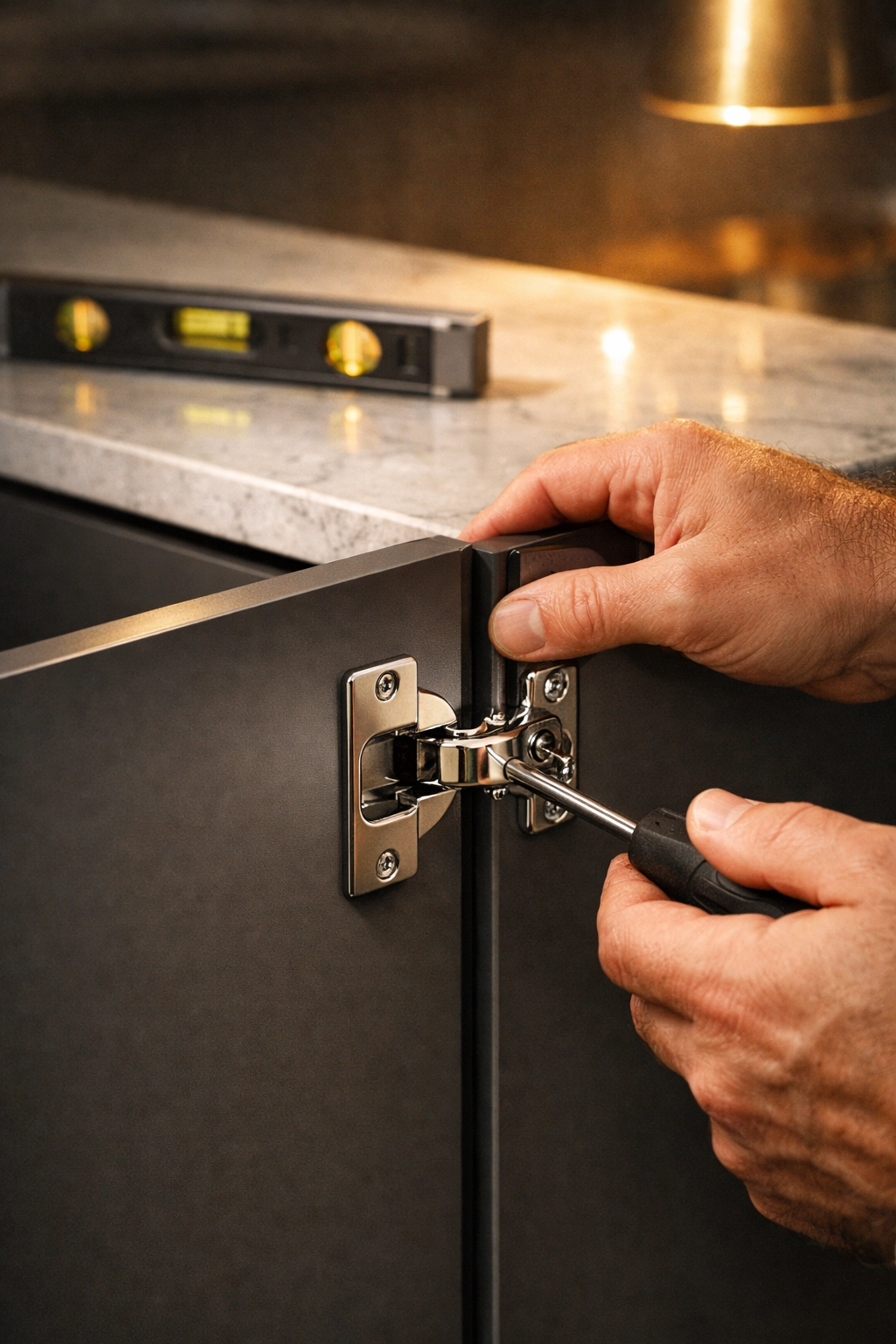Professional kitchen fitter installing sleek grey cabinets with quartz worktops during a home renovation.